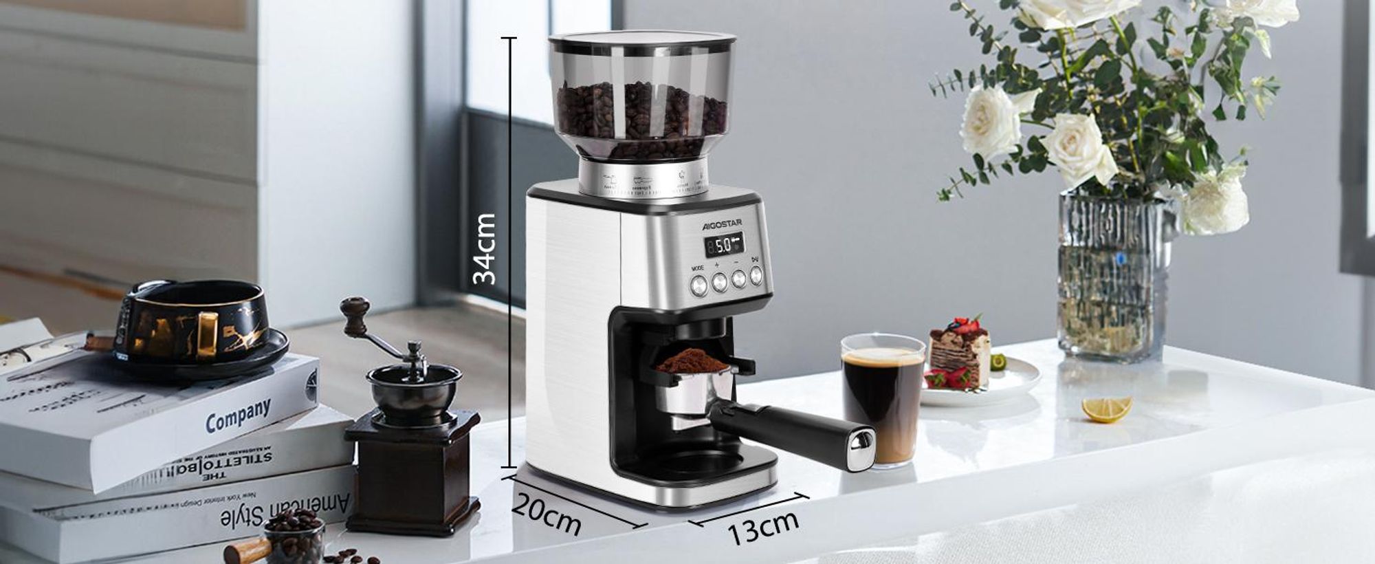 Aigostar Kaffeemühle Kegelmahlwerk Geeignet für Espresso mit 52 Mahleinstellungen, 180W , Kegelmahlwerk 320 g Bohnenbehälter Antistatisch