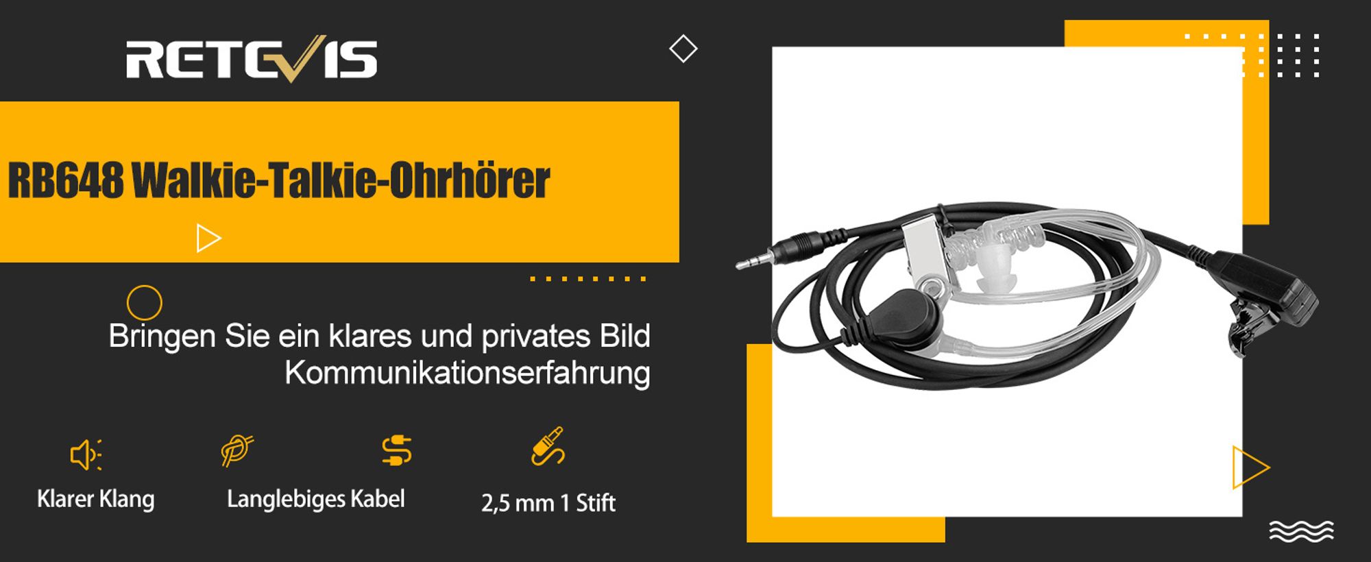 Retevis 1-pin 2,5-mm-Walkie-Talkie-Ohrhörer, Zwei-Wege-Radio-Headset mit Mikrofon, Funkgeräte Headset mit PTT kompatibel RB648 RT649 RT649P (2 Stück)