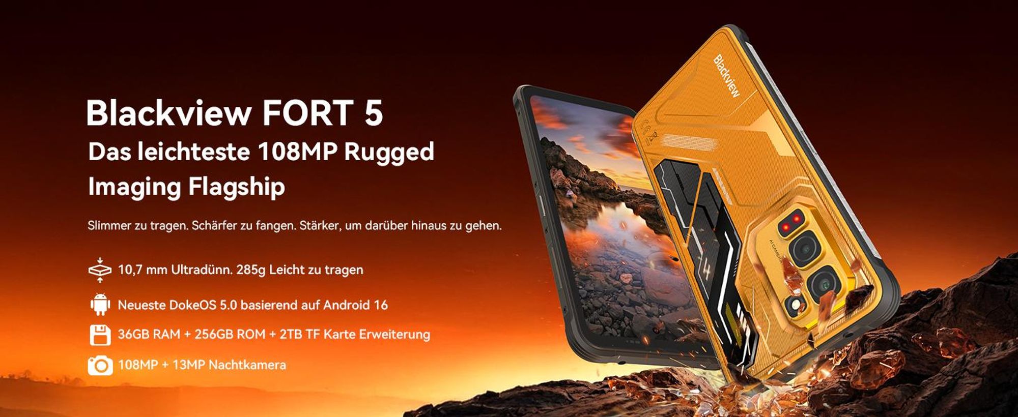 Blackview FORT 5  incl Aurabass1,AI Outdoor Handy,36(12+24)+256GB, 6,78" HD,120 Hz,NFC,IP68 und IP69K,108 MP Hauptkamera, Android 16,5000 mAh
