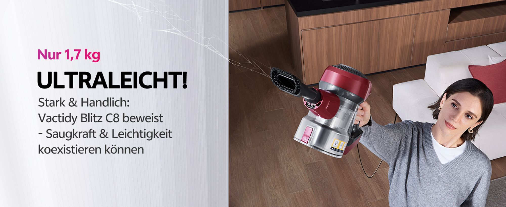 Vactidy C8 Staubsauger mit Kabel 7m/60kPa/600W Handstaubsauger 1,5L Beutelloser Staubbehälter, Antiverhedderungs-Bürste für Böden Teppiche Tierhaare