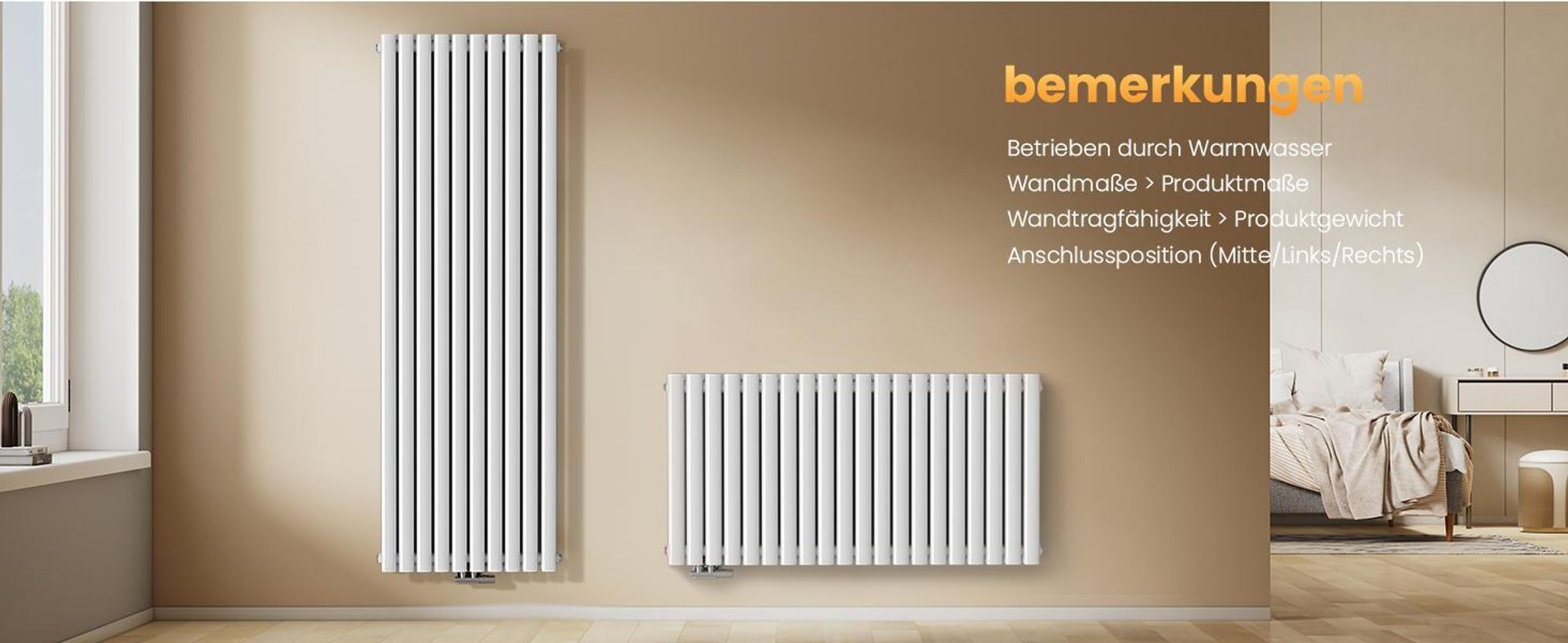 EMKE Design-Heizkörper 1800 x 600 mm Heizkörper Vertikal Weiß Ovalheizkörper Mittelanschluss Doppellagig Heizung, 2175W ohne Heizstab