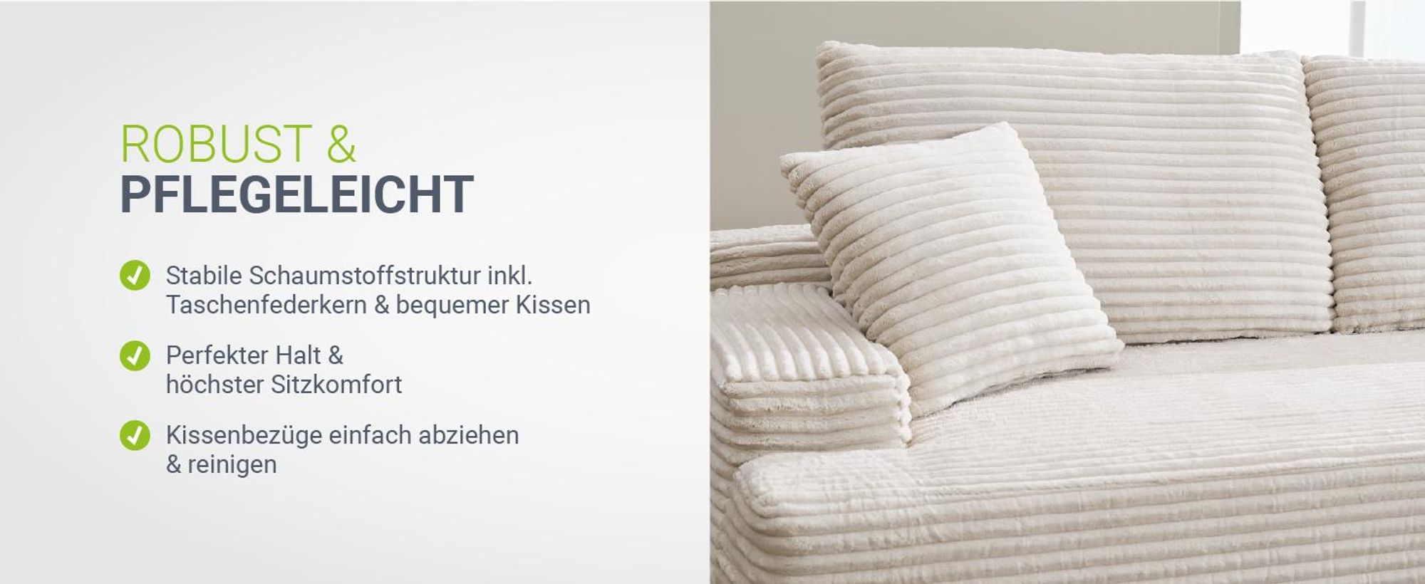Juskys Sofa Coredo - Beige, moderne Couch aus Cord mit Kissen, Ottomane rechts