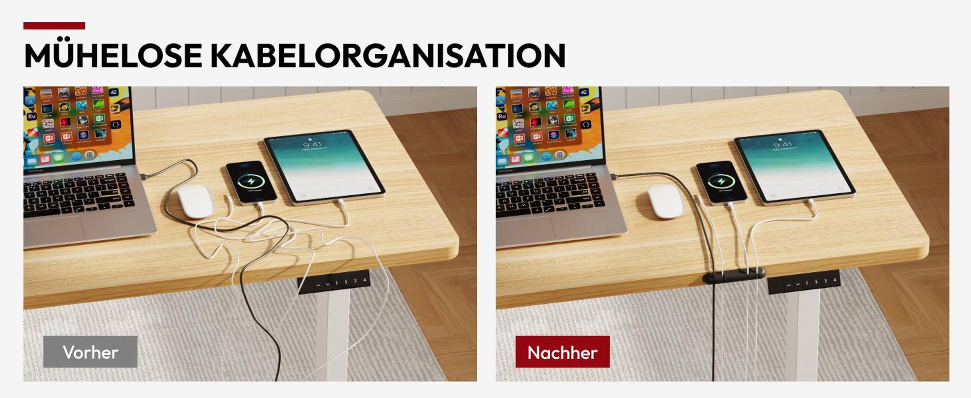 SANODESK Höhenverstellbarer Schreibtisch 200x80cm elektrisch 4 Memory-Funktion, Antikollisionsschutz, 70kg Tragkraft, mit Haken und Ablagebox (Ahorn)