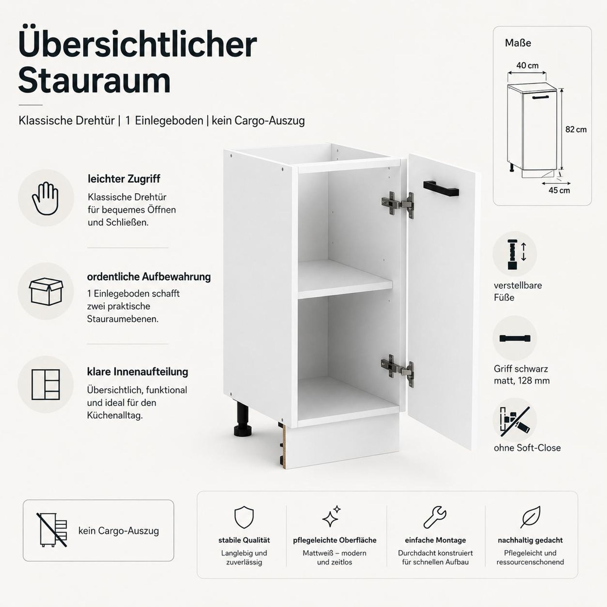 Küchenunterschrank Mattweiß: Übersichtlicher Stauraum mit Einlegeboden & Drehtür.