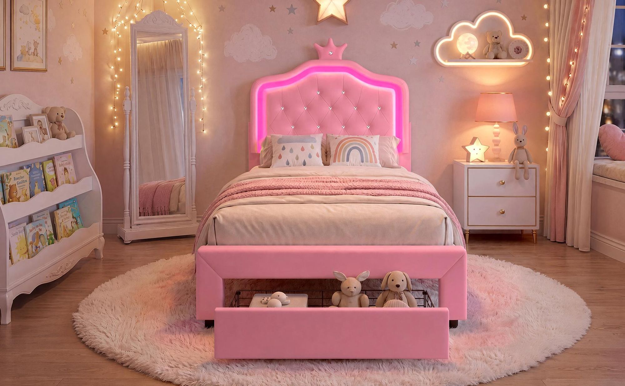 INONEFT Kinderbett 90x200 cm, Prinzessin-Polsterbett mit LED-Beleuchtung und Stauraum, Mädchen-Einzelbetten Bettgestell, ohne Matratze, PolyurethanRosa