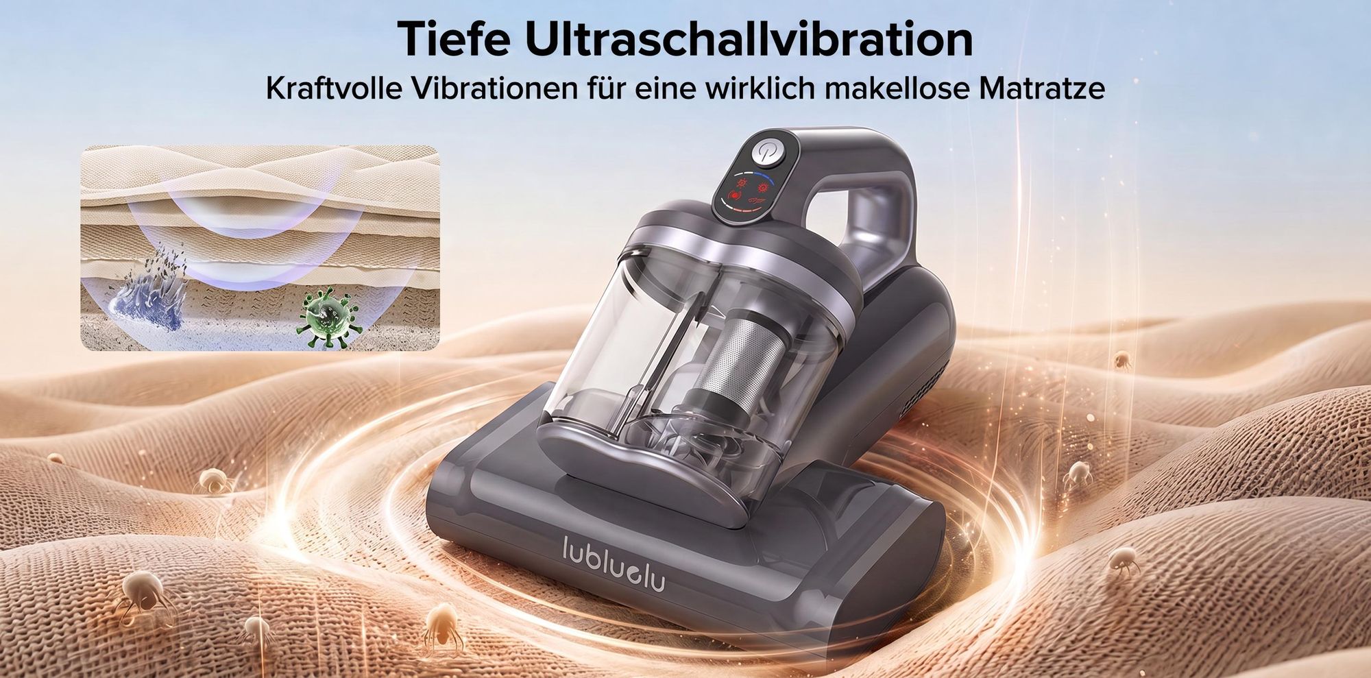 Lubluelu CM210 Kabelloser Milbensauger 15000Pa Matratzenstaubsauger mit UV-C Licht, Ultraschall-Technologie, 55 °C Heißluft Handstaubsauger für Bett