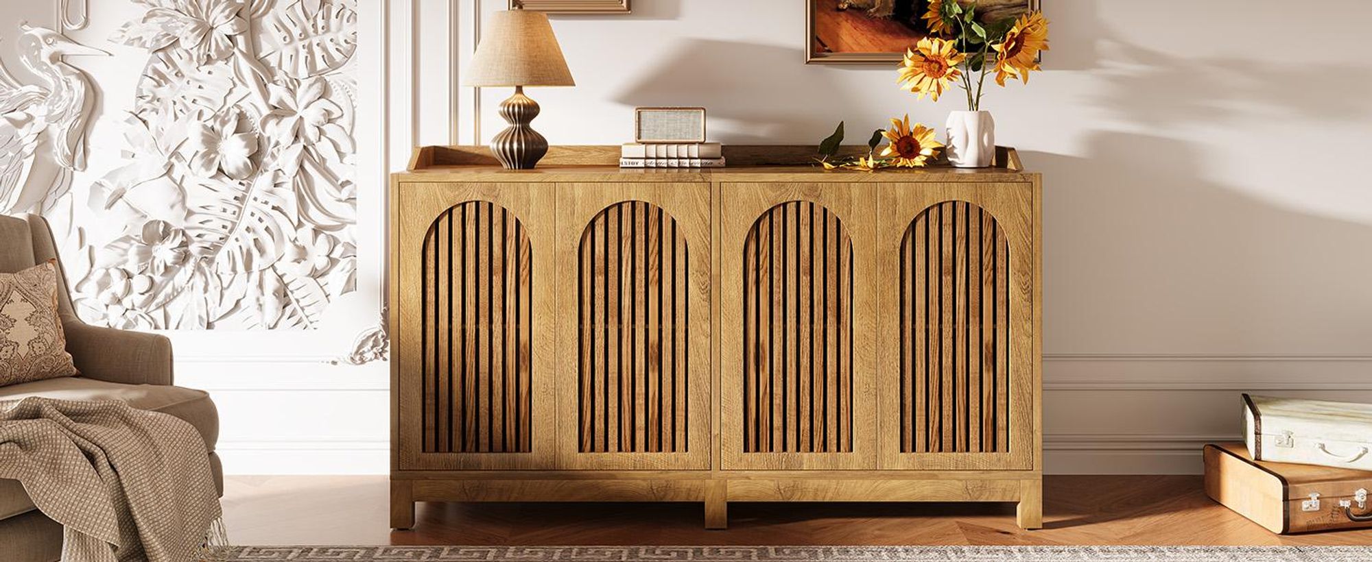 145 cm Buffet-Schrank mit Stauraum, langes Sideboard mit Türen und verstellbaren Einlegeböden, Sideboard aus Holz für Esszimmer, Wohnzimmer, Küche