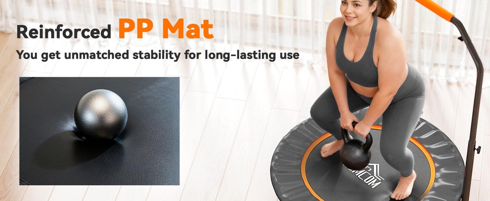 Trampolina fitness HOMCOM 102 cm, składana mini trampolina z uchwytem o czterech regulowanych wysokościach, trampolina fitness dla dorosłych, do 100 kg, kolor czarny + pomarańczowy