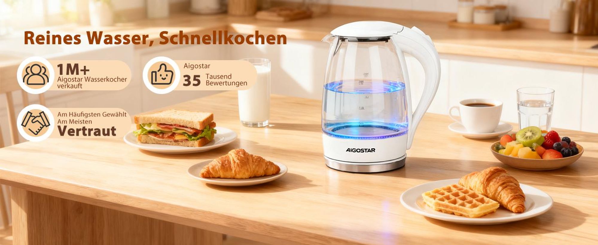 Aigostar Elektrischer Glas Wasserkocher mit LED-Beleuchtung, 2200 Watt, 1,7 Liter, kochtrocknender Schutz, BPA-frei, weiß