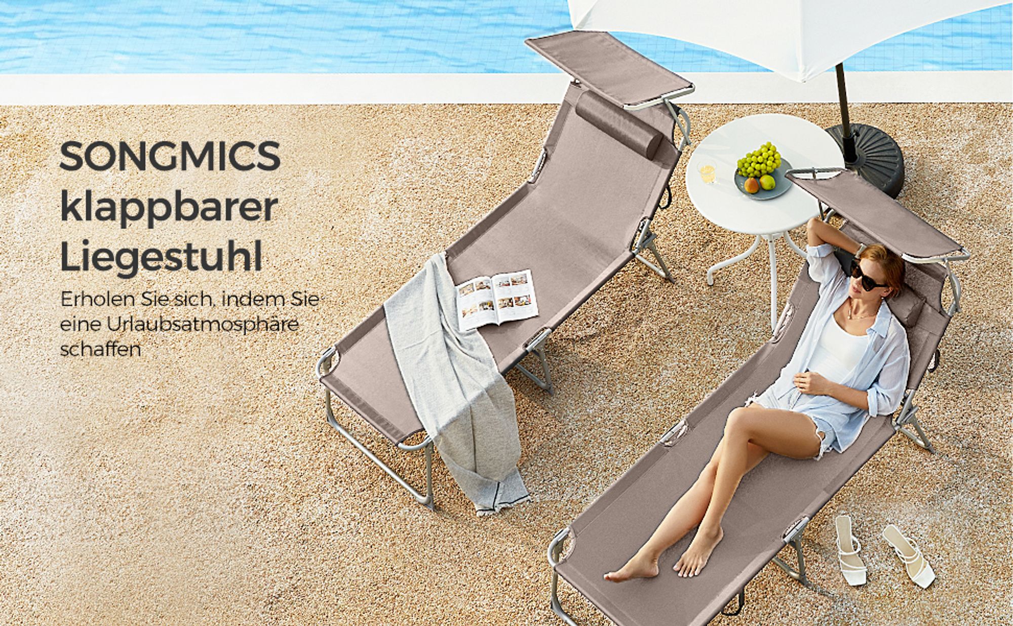 SONGMICS Gartenliege, groß, klappbarer Liegestuhl, 200x71x38cm taupe