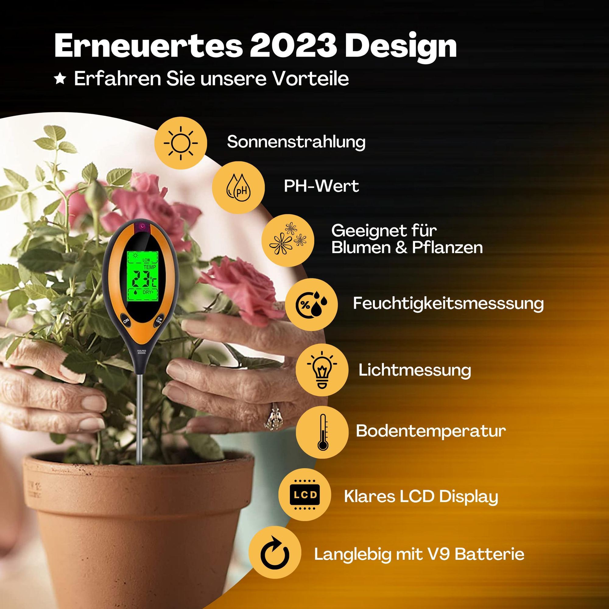 Vulpes Goods Bodenfeuchtigkeitsmessgerät, Für Pflanzen, 4-in-1, Thermo- und Feuchtigkeitsmesser, Innen und Außen, pH Licht, Boden testen, Mit Batterie