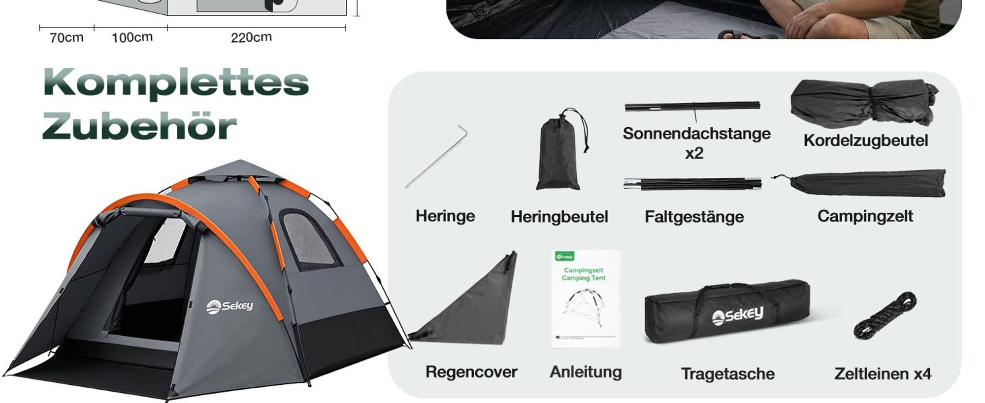 Sekey Kuppelzelt 4 Personen mit Vorzelt & Markise, Pop Up Campingzelt, Wasserdicht PU3000 mm, UPF 50+, Familienzelt