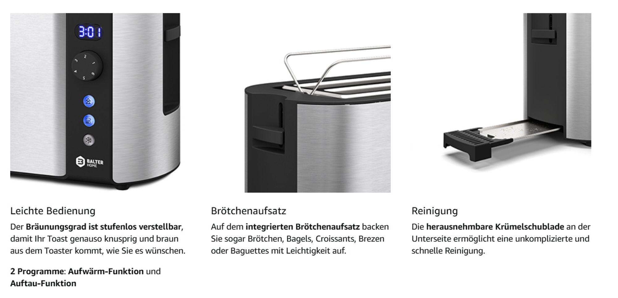 Balter toaster TS-04-LCD 4 scheiben 1.5W|Sandwichtoaster mit LCD-Display und Restzeitanzeige|toaster edelstahl|langschlitztoaster mit Auftau und Aufwä