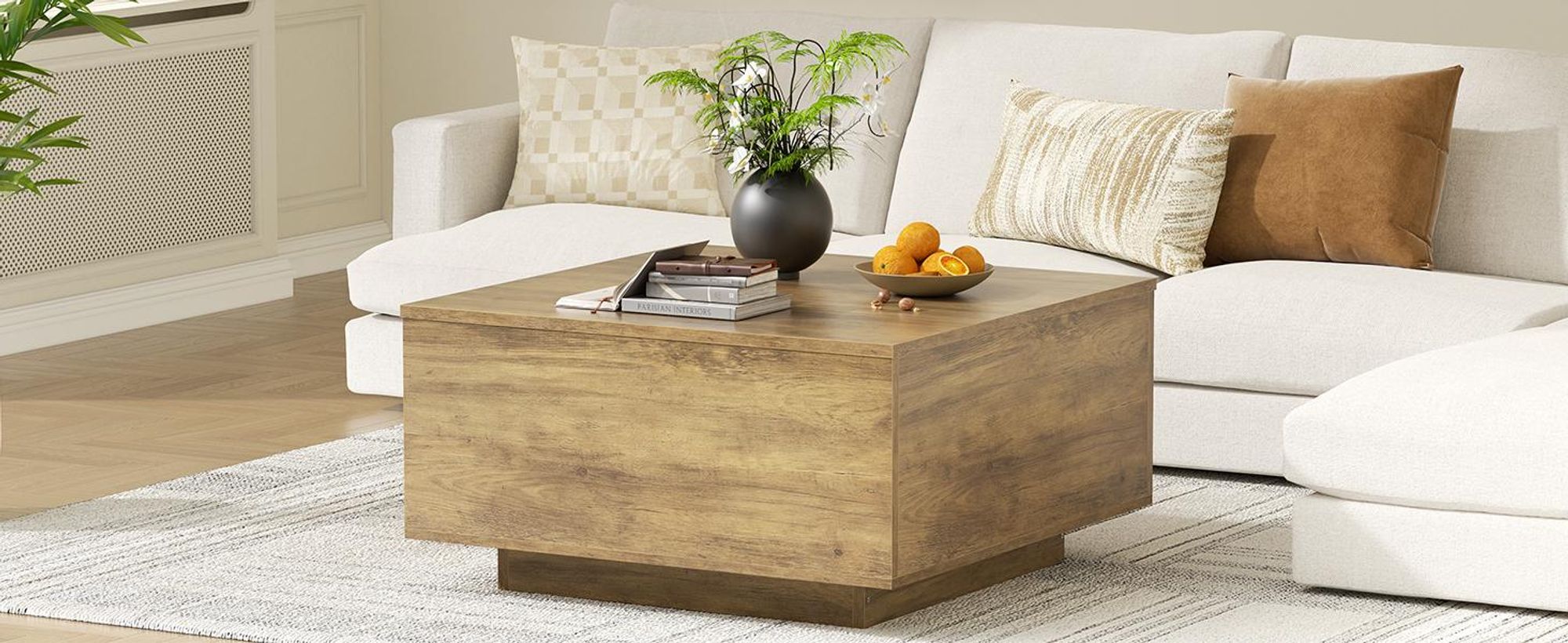 FABATO Couchtisch mit hochklappbarer Platte, quadratischer Couchtisch aus Holz mit Stauraum, Couchtische im Landhausstil mit verstecktem Staufach