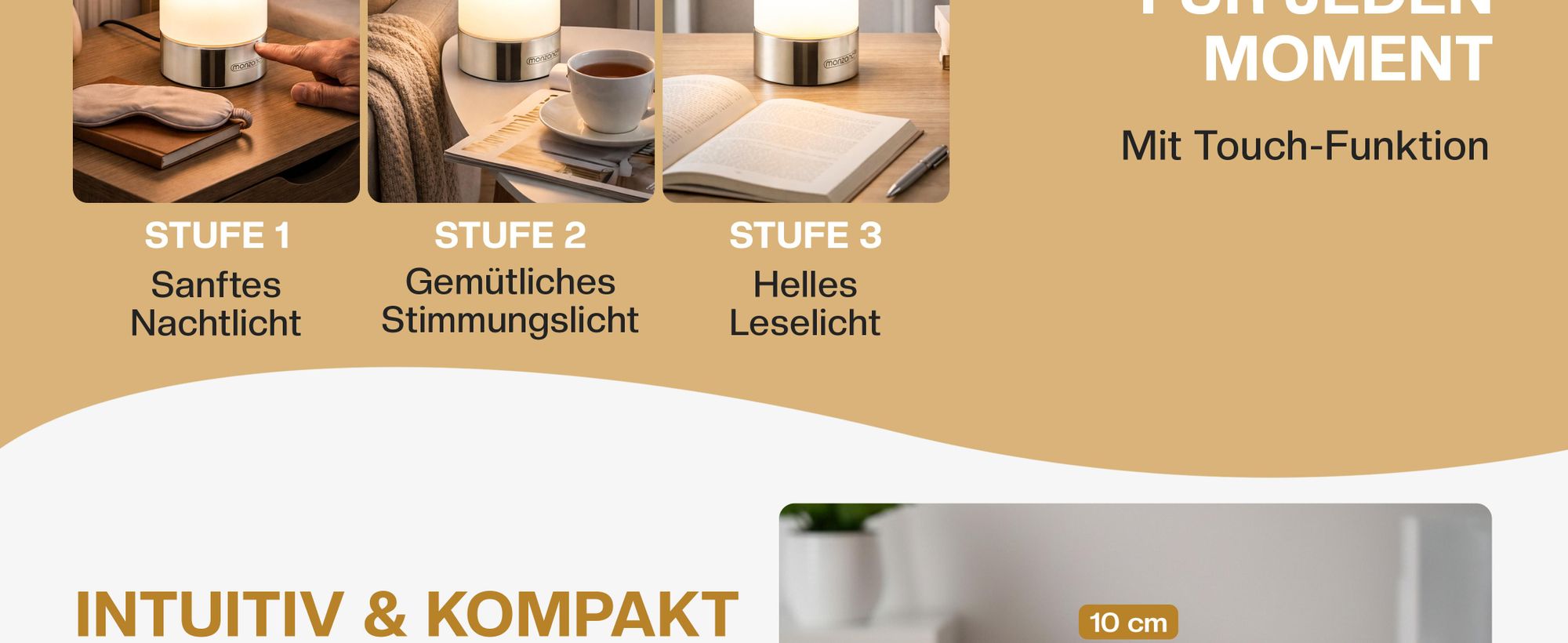 MONZANA® Nachttischlampe 2er Set Touch Dimmbar mit LED Leuchtmittel Glasschirm Tischlampe Tischleuchte Wohnzimmer Schlafzimmer Nachtlicht Leselampe
