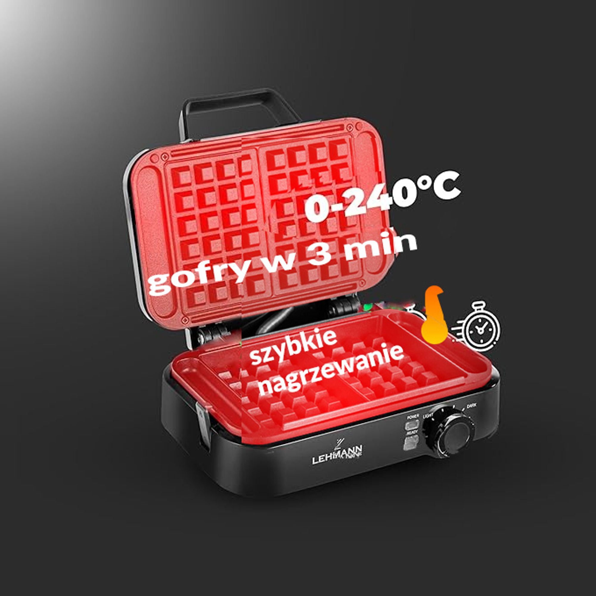 Gofrownica LEHMANN CRISP 2000W na dwa duże gofry, regulacja temperatury, mocna niewyciekająca, chrupiace gofry w 4 min