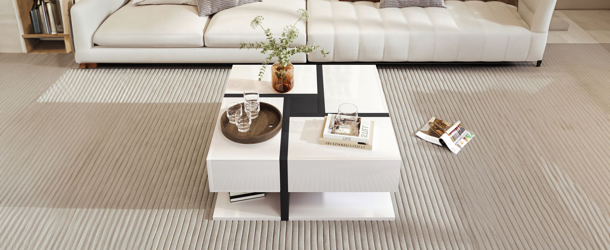 MODFU Couchtische Quadrat mit 4 Schubladen 78*78*36cm, Tisch mit Stauraum unten, Weiß