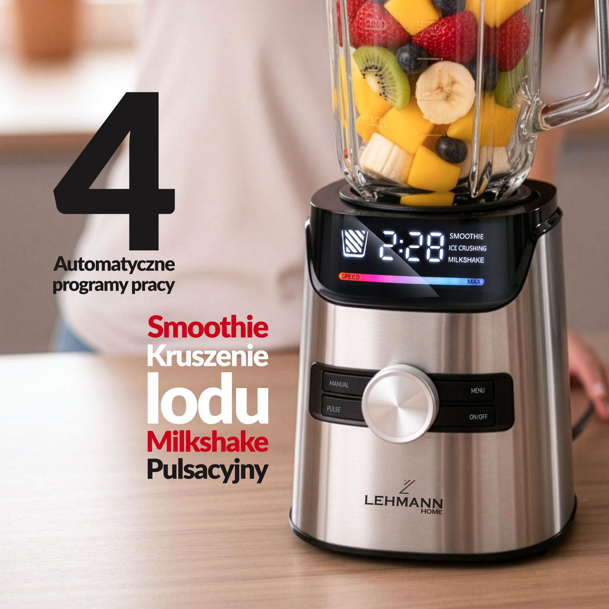 Mocny Blender Kielichowy Lehmann Senso 2000W Szklany 1,7L | Mikser Smoothie Koktajli Lodu | 2x Bidon Cup Młynek do Kawy | Stal Nierdzewna Złote ostrza