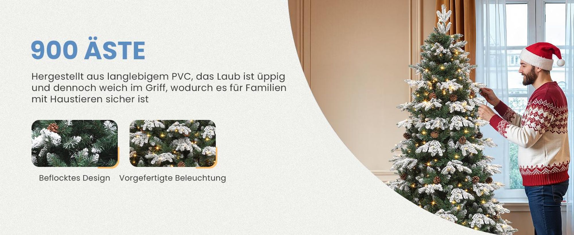 180cm Künstlicher Weihnachtsbaum mit Schnee & 300 LED Beleuchtung & 29 Kiefernzapfen, ca. 900 Spitzen, Tannenbaum mit Metallständer