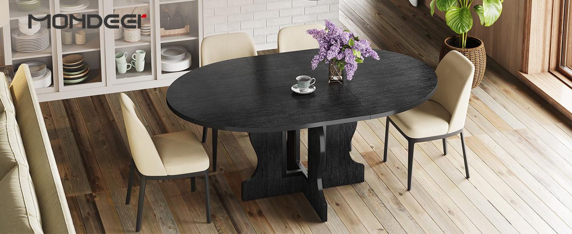 Mondeer Ausziehbarer runder Esstisch 110-150 cm oval mit massivem Holzgestell und intelligentem Auszugsystem für Küche & Wohnzimmer in Schwarz