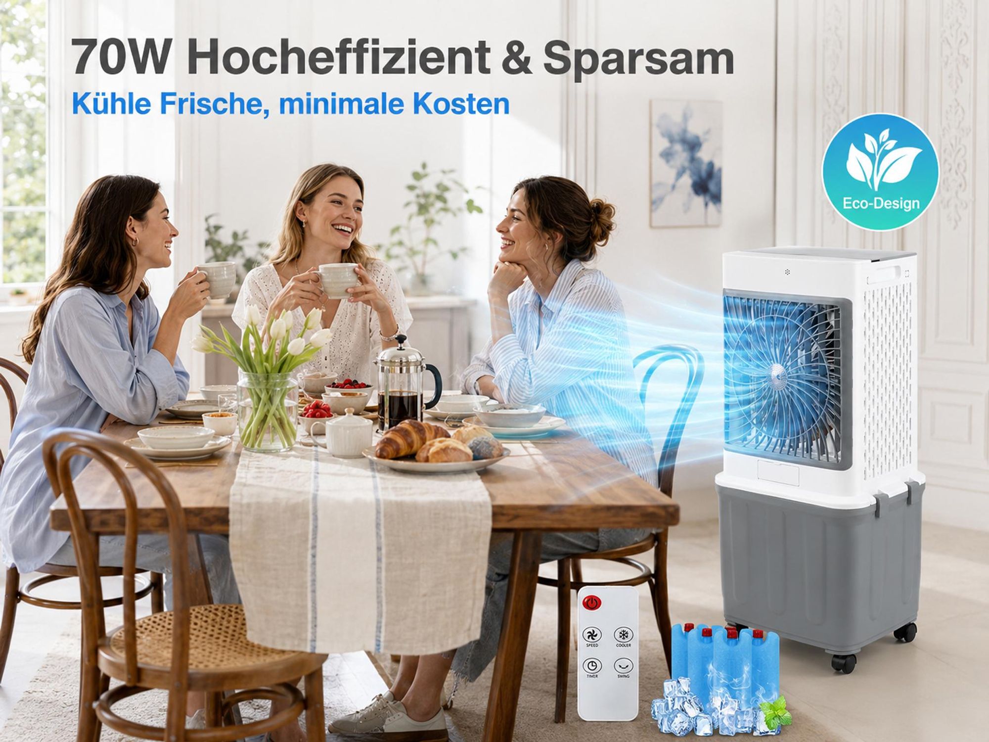 32L Klimagerät Mobil Ohne Abluftschlauch 70W Klimaanlage mit 4 Eisboxen 30H Laufzeit 30dB Leise Ventilator Mit Wasserkühlung Wohnung Zimmer Räume 85cm
