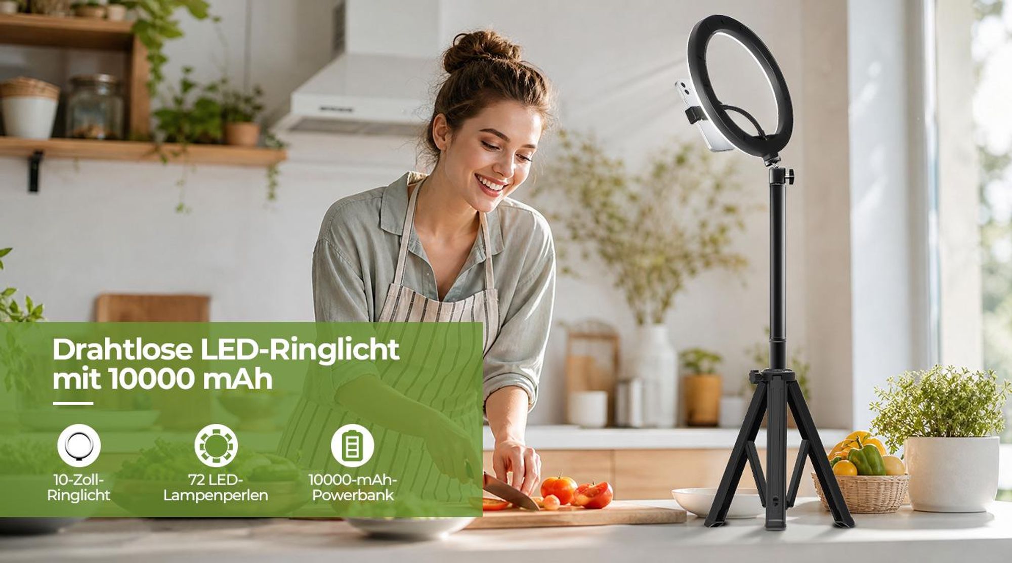 LED Ringlicht 10 Zoll mit Stativ 178 cm, 10000mAh Akku, Selfie Stick, 3 Lichtfarben, 10 Helligkeitsstufen, Handyhalter