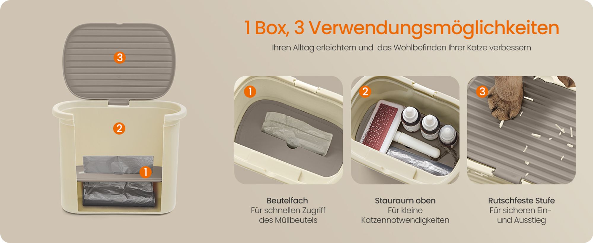 Feandrea extragroße Katzentoilette, für große Katzen, mit hohen Seitenwänden, Sandbeige