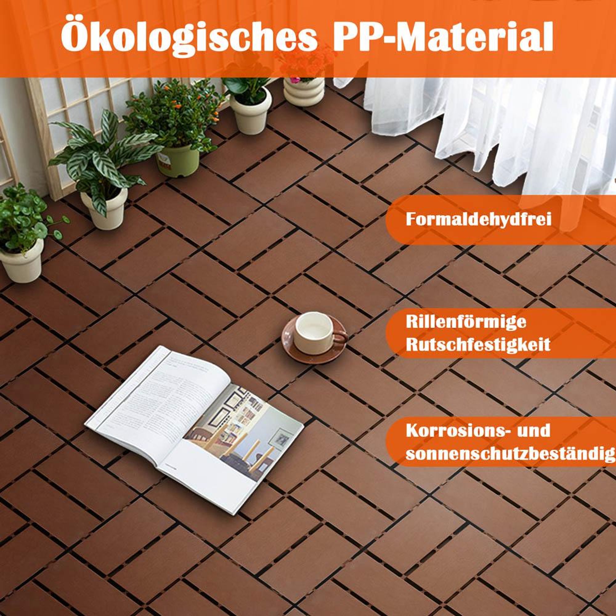 Terrassenfliesen Set 44-teilig - WPC Holzoptik - Klicksystem wetterfest mit Drainagefunktion - Rutschfest Braun Fliesen