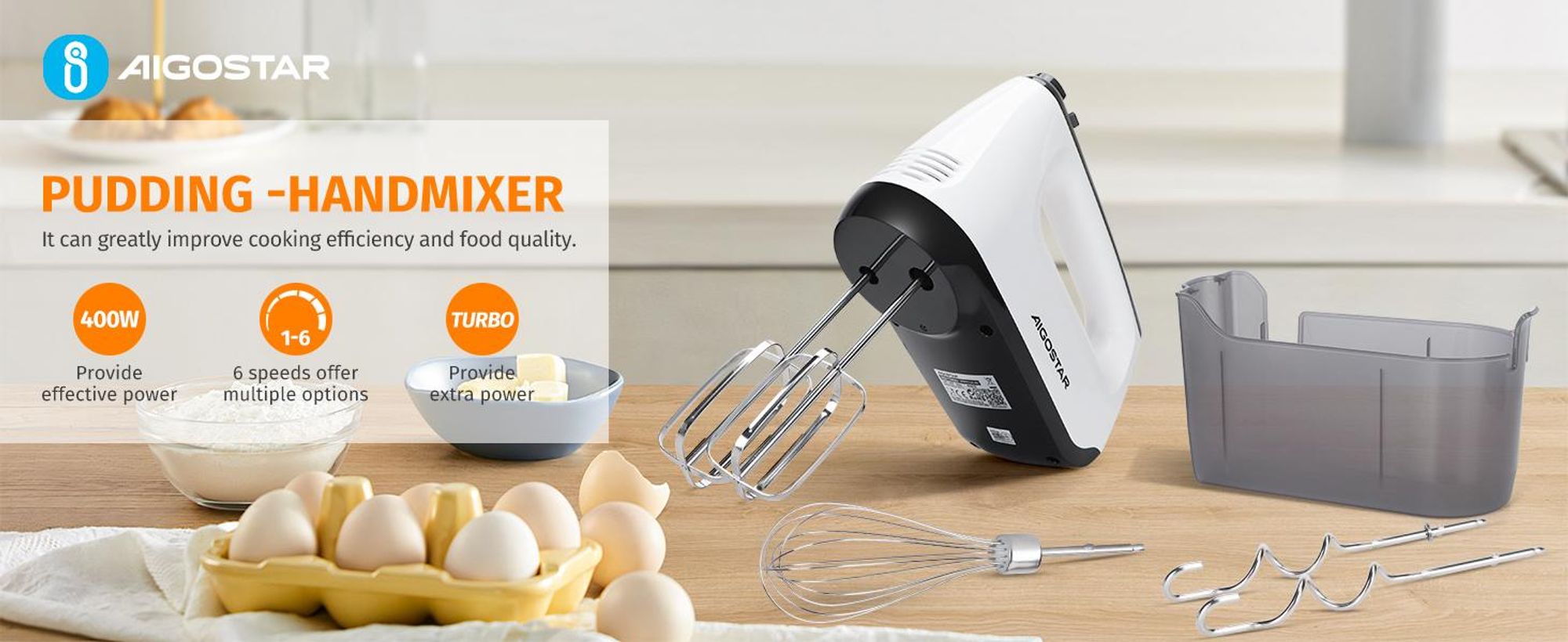 Aigostar Pudding- Handrührgerät, 6 Geschwindigkeiten Handmixer, 400W Ultra Power, Turbolader. Ausgestattet mit 2 Schneebesen, 2 Knethaken, Schneebesen und Aufbewahrungsbox, Zubehör spülmaschinenfest.