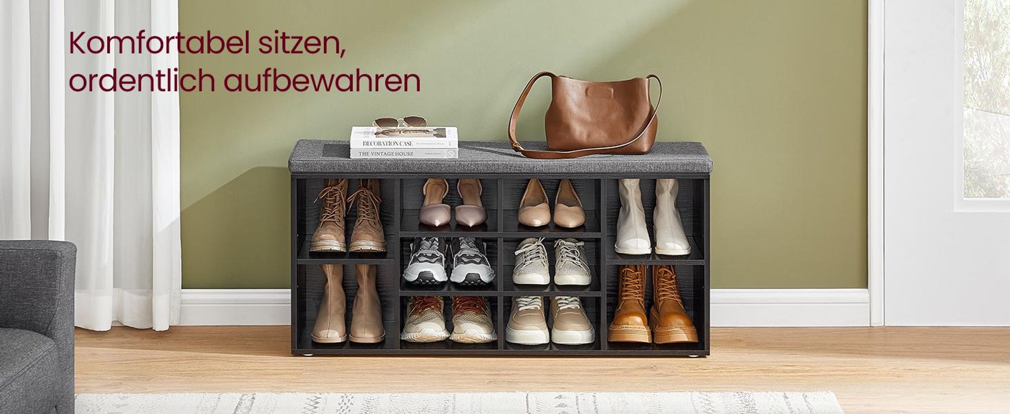 VASAGLE Schuhbank, Sitzbank, 10 Fächer, Länge 104 cm, Ebenholzschwarz