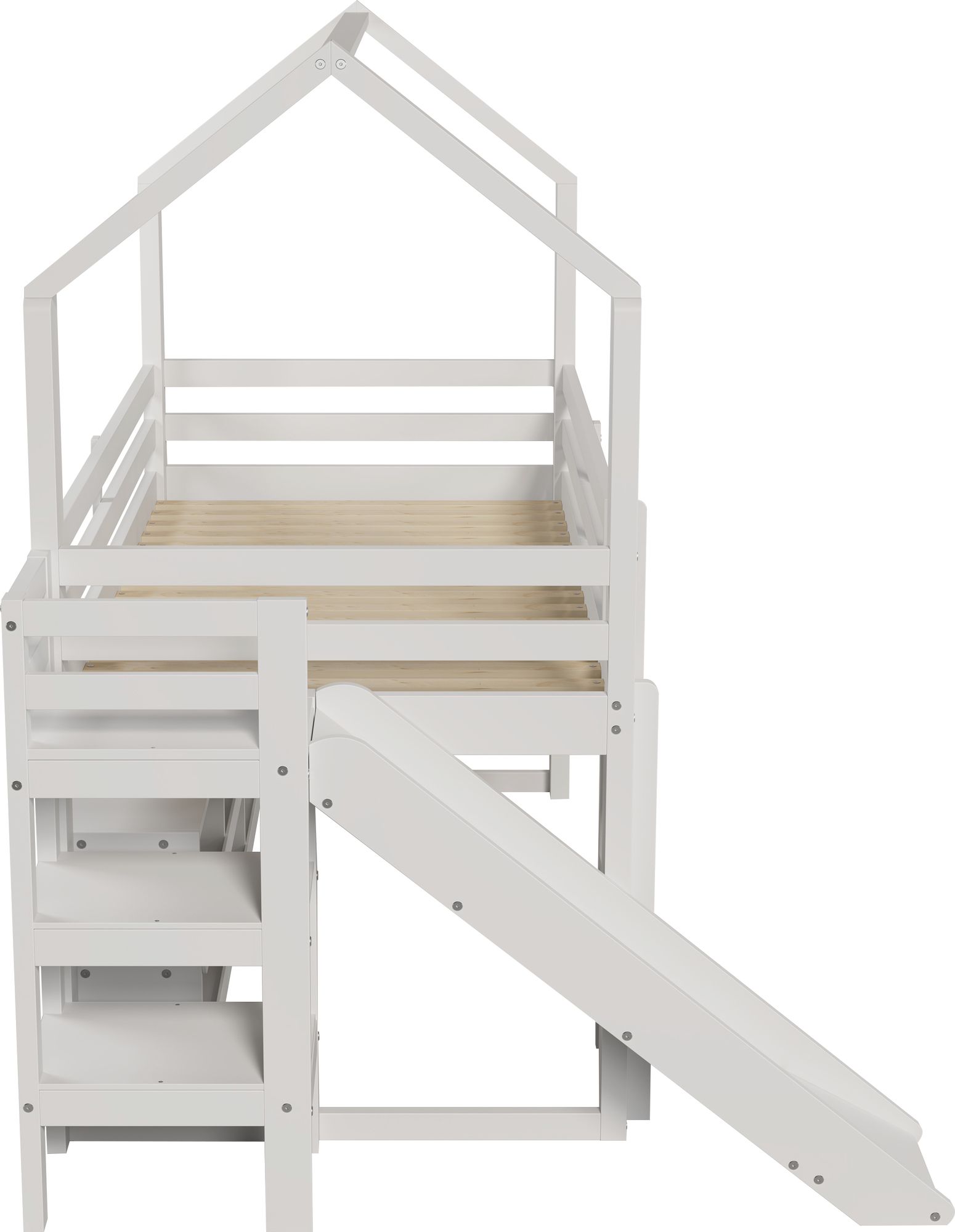 Flieks Etagenbett 90x200cm mit Schrank, Kinderbett Hausbett mit Rutsche, Hochbett Stockbett mit Rausfallschutz & Lattenrost, Holzbett Einzelbett, Weiß