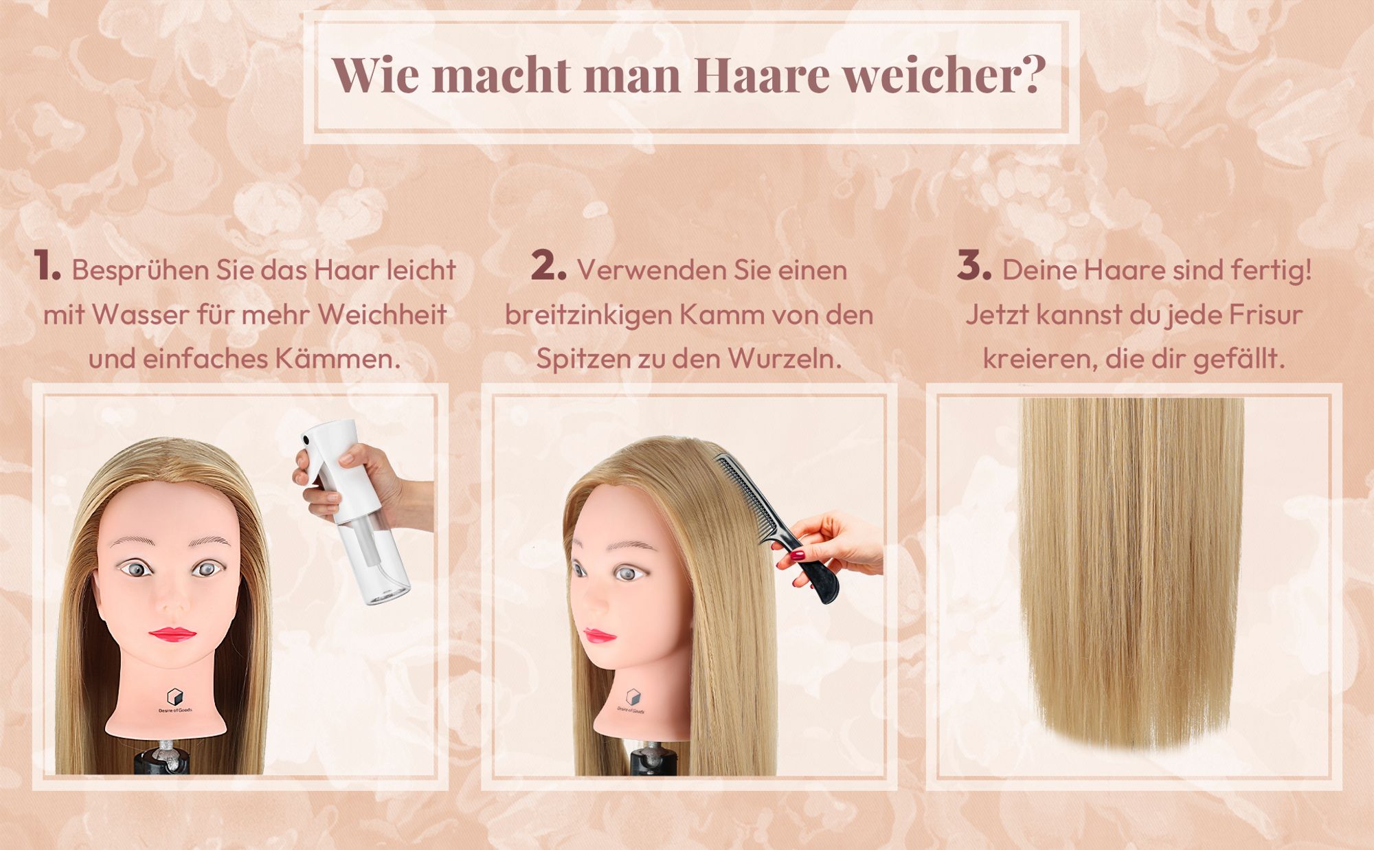 Desire of Goods Übungskopf Friseurkopf Dunkelblond – Tischklemme & Styling-Zubehör – Frisierkopf – Friseurkopf – 70 cm