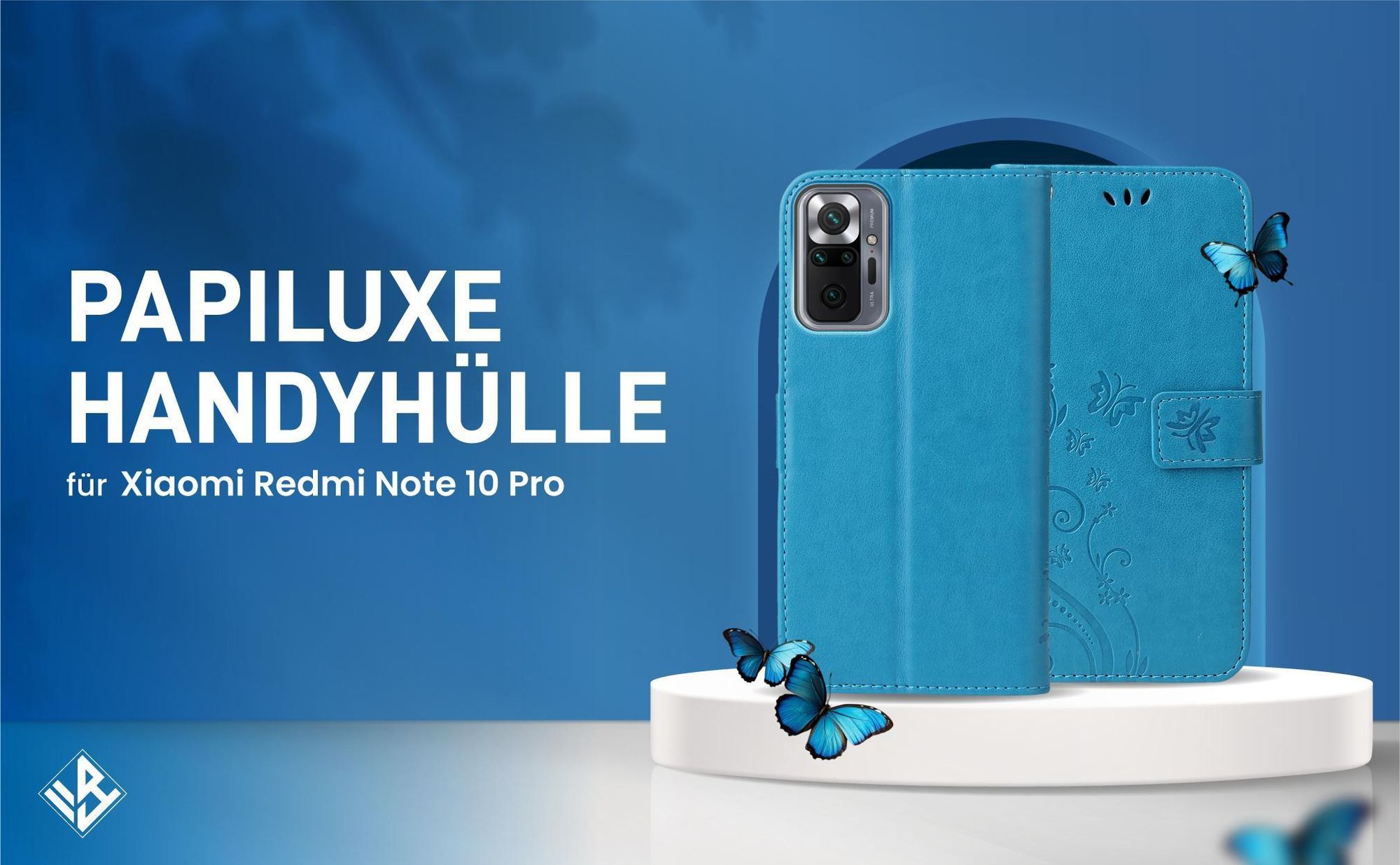Blaue Klapphülle im Schmetterling Design für Xiaomi Redmi Note 10 Pro mit Wallet-Funktion