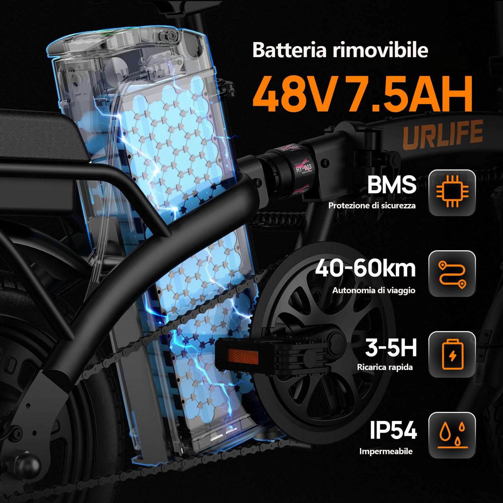 Bicicletta elettrica URLIFE F1L - Motore 250W 48V 7.5Ah Batteria  Pneumatici da 14 Pollici Freno a Disco - Nero