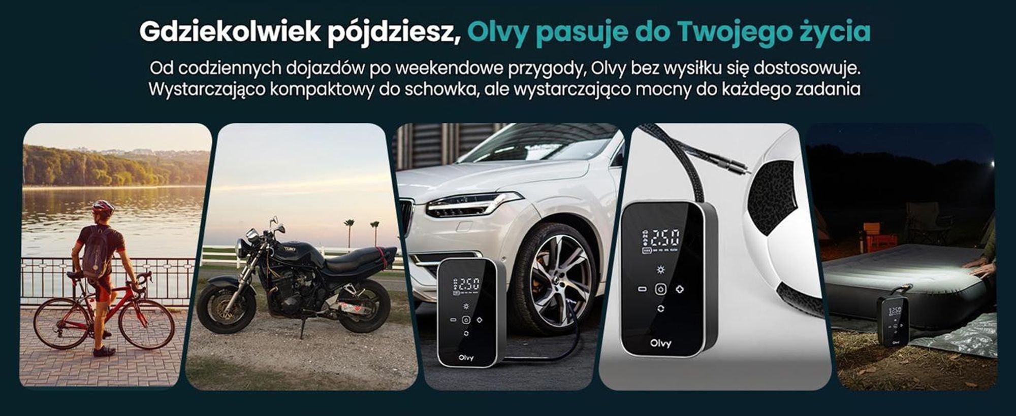 Olvy Elektryczna pompka powietrza z power bankiem 6000 mAh - 12V mini kompresor do samochodu, roweru, piłek, materacy dmuchanych, wyświetlacz, LED, automatyczne wyłączanie