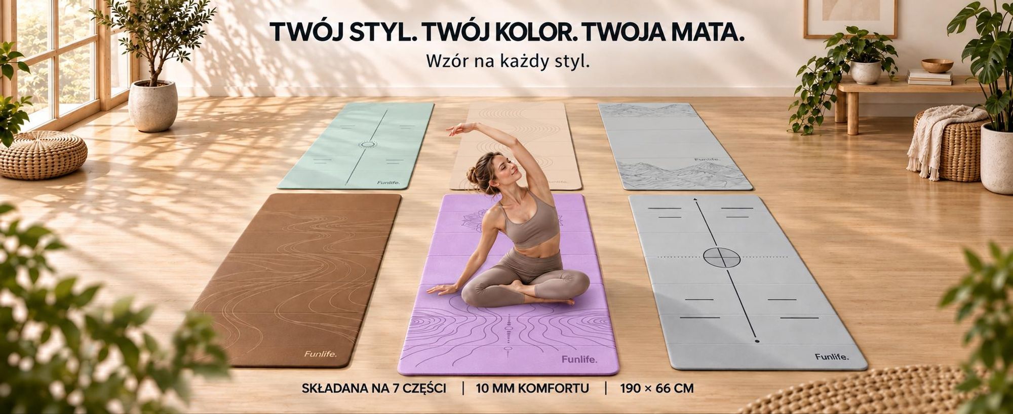 Zestaw składany do ćwiczeń jogi FunLife, zawierający 3 gumy oporowe, matę fitness o grubości 10 mm, antypoślizgową, składaną matę do gimnastyki, idealną do jogi, pilatesu i treningu, kolor lawendowy