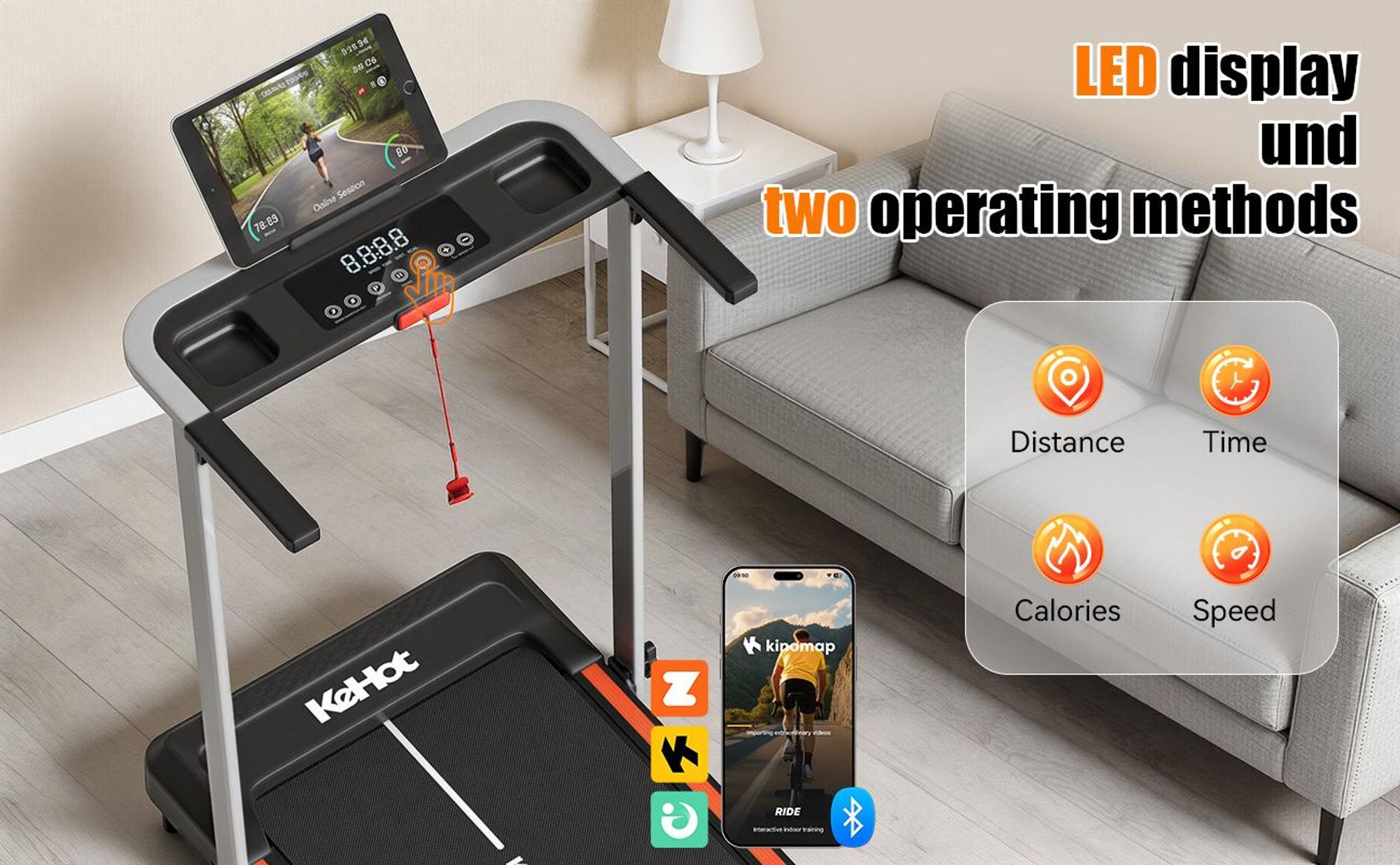 Kehot Laufband klappbar 1–12 km/h, 125kg, App-kompatibel mit Zwift & Kinomap,LED Display, 9%Steigung für Zuhause