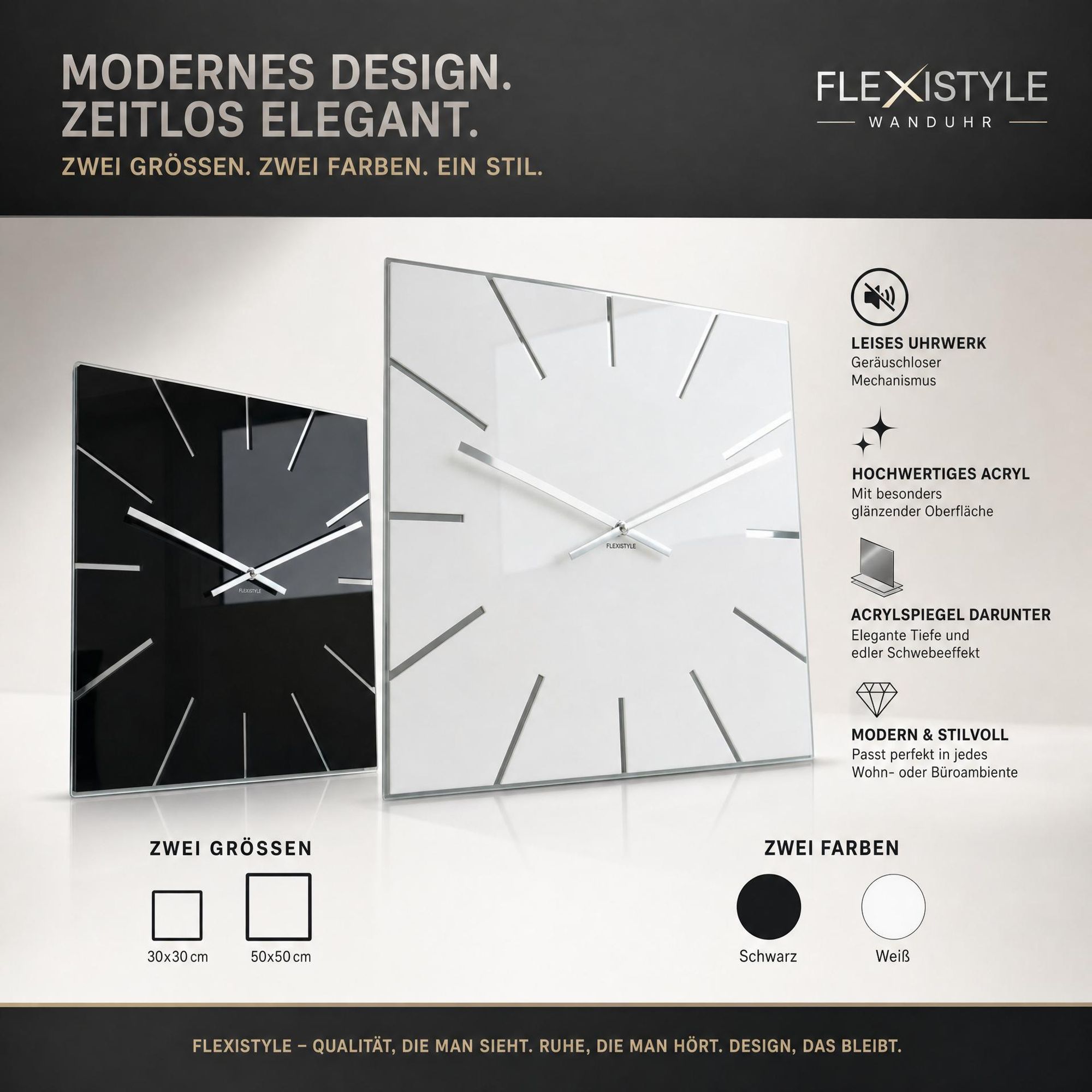 Wanduhr groß modern EXACT ohne Tickgeräusche 50 cm Schwarz Design Wanduhren Küche Badezimmer Uhr Wand große wall Clock minimalistisch leise Wohnzimmer