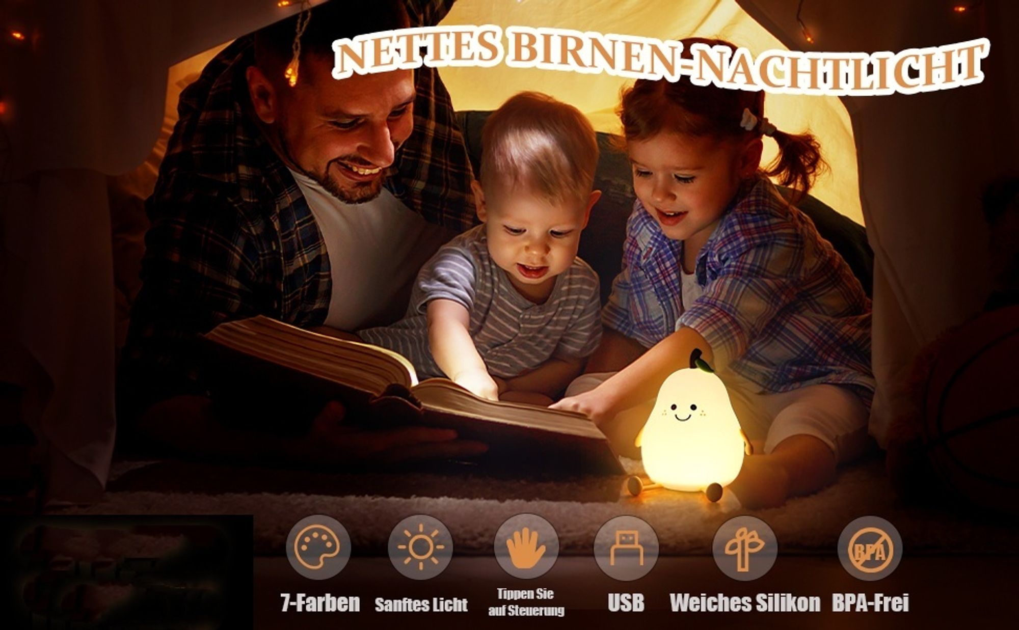 Beruhigendes LED-Nachtlicht – weiches Birnen-Design, Touch-Steuerung, Wiederaufladbar, 2 Helligkeitsmodi, Sicheres Silikon, Perfekt als Raumdekoration