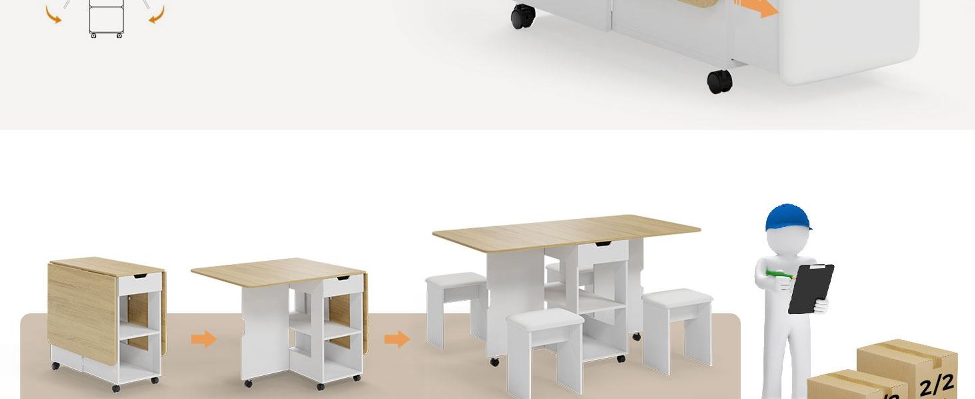 Mondeer Klapp-Essgruppe mit 4 Hockern Platzsparend, Rollen, 2 Schubladen & Ablageflächen Eiche und Weiß