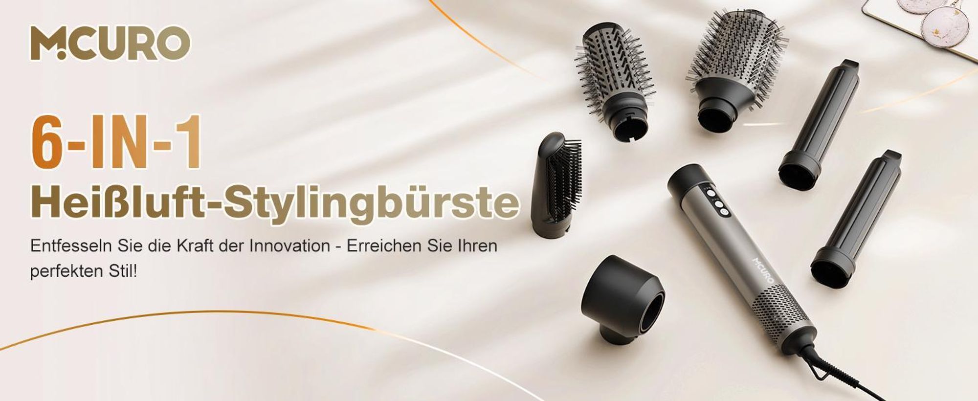 MCURO 6-in-1 Warmluftbürste mit 6 Aufsätzen,Airflow Lockenstab, Föhn & Negativ-Ionen Haarstyler für Glätten,Volumen & Locken,inkl. Aufbewahrungstasche