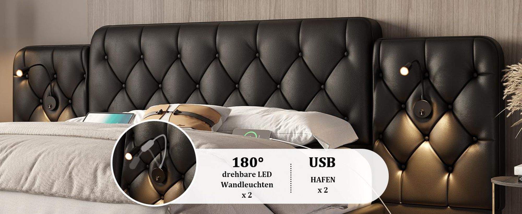 LVHOM Polsterbett 180x200 cm mit Leselampen und USB, Hydraulisches Boxspringbett mit Bettkasten, Doppelbett Kunstleder, Funktionbett, Schwarz