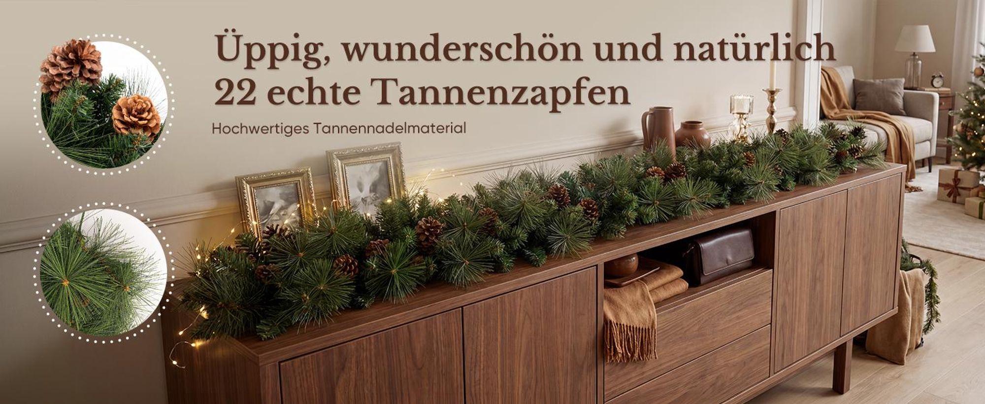 HOKEEPER Weihnachtsgirlande 180 cm mit grünen PVC-Nadeln & Zapfen