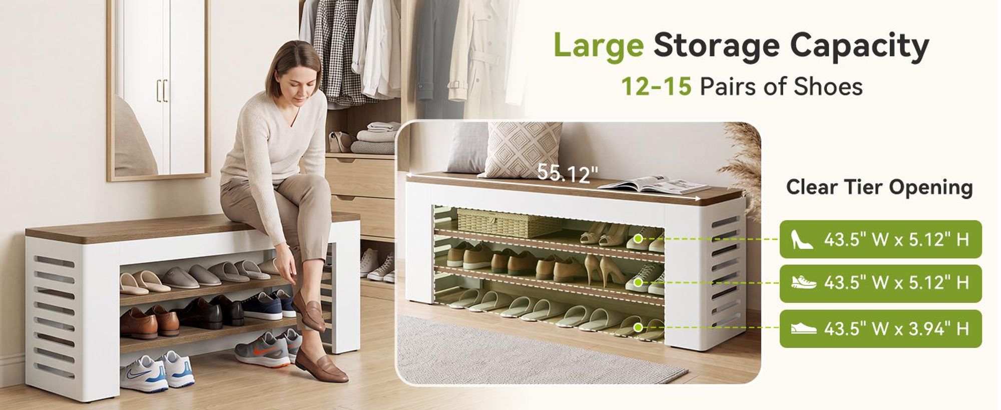 Wanbor 140cm Schuhbank, 3-stufige Eingangsbank, Schuhaufbewahrungs-Organizer, lange Schuhbank, für Bettes, Flur, Schlafzimmer, Weiß & Braun