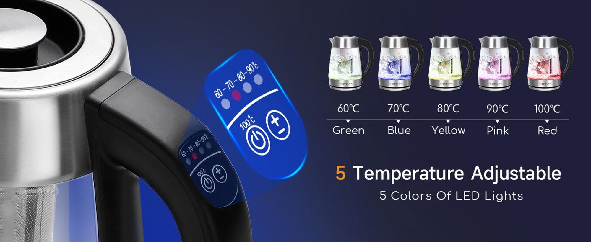 Aigostar - Glas Wasserkocher mit Temperatureinstellung 60°C-100°C, LED Beleuchtung im Farbwechsel, 2200W, 1,7 L, 120 Minuten Warmhaltefunktion