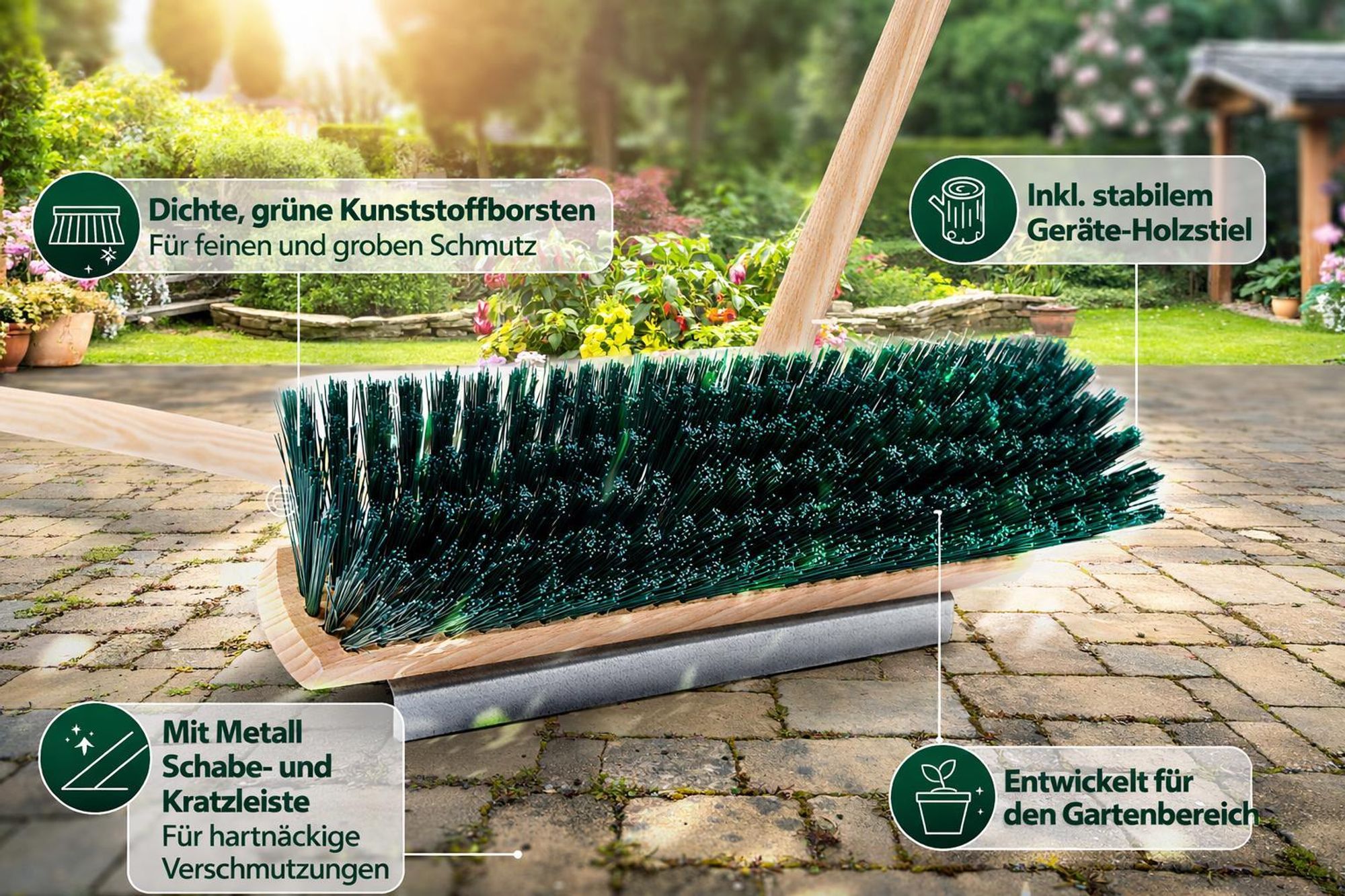 Hochwertiger Gartenbesen 40cm Breit mit Metall-Kratzleiste und Geräte-Holzstiel 140cm Lang grüne Borsten Straßenbesen Besen für Garten draussen