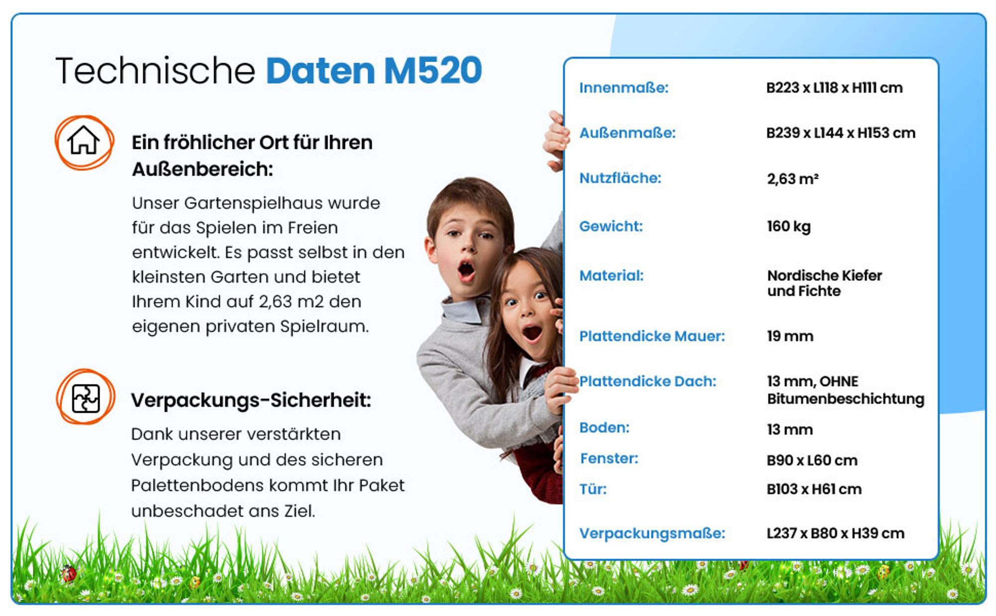 Kinderspielhaus aus Holz - B241xT178xH151 cm/2.63m2 - Timbela M520