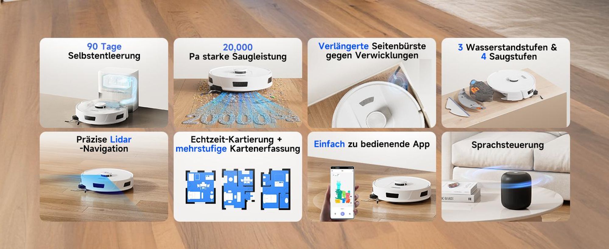 Staubsauger Roboter R11 mit 20000Pa Saugkraft, Wischfunktion, 200min Laufzeit, LDS-Navigation, All-in-1-Entleerungsstation und Anti-Wickel-Bürste