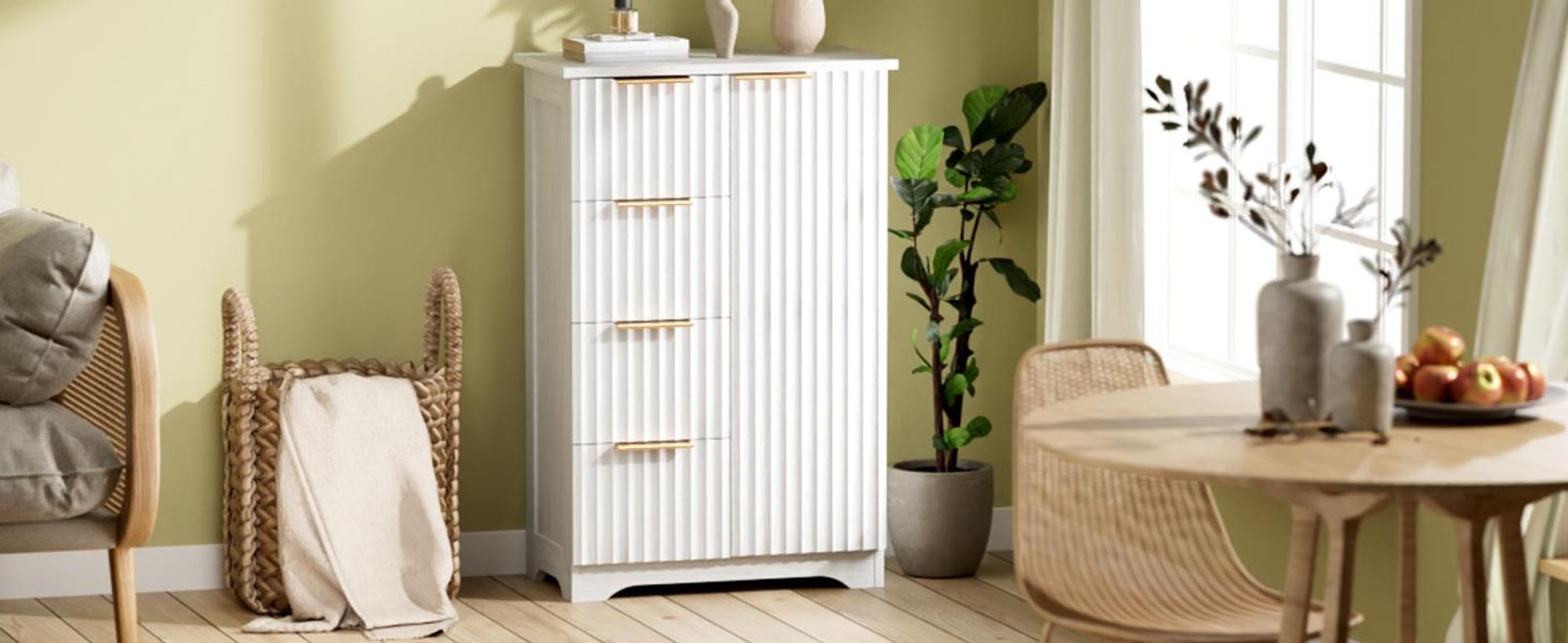 FCH Küchenschrank, Buffet Kommode mit 1 Türen und 4 Schubladen, für Wohnzimmer, Esszimmer und Küche, 53 x 29 x 82 cm, Weiß