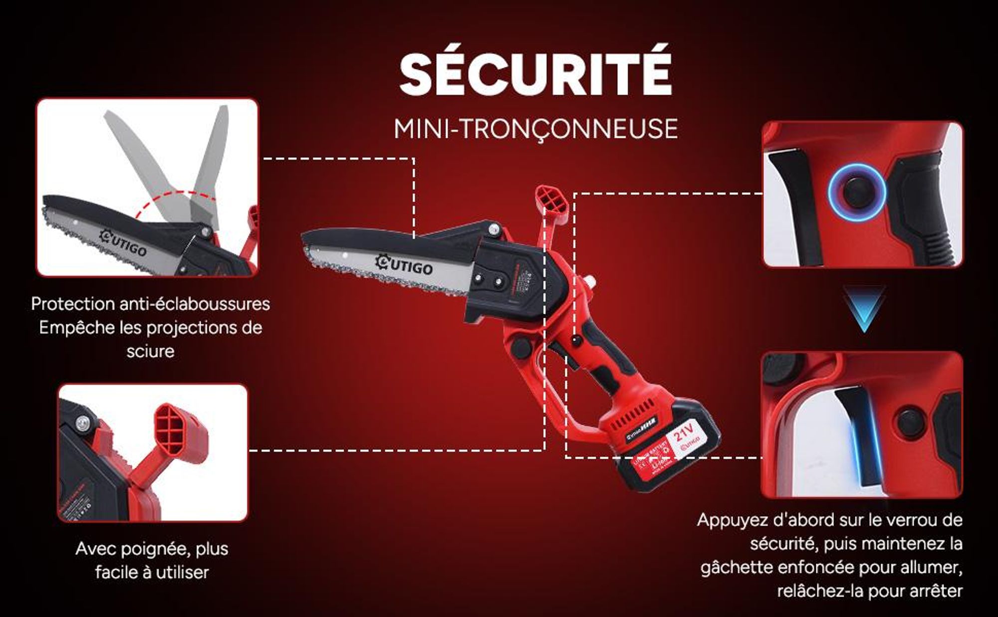 Tronçonneuse à batterie 8 pouces, tronçonneuse sans fil OUTIGO 1000 W, 2 batteries 21 V 3000 mAh, outil de jardinage puissant pour couper les branches